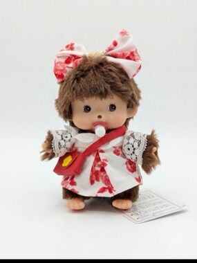 Monchhichi-Style Brown Plush Doll in White & Red Floral Dress
